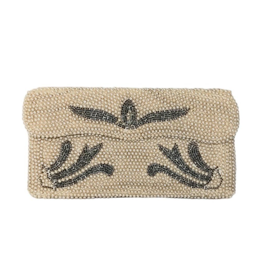 Vintage Beaded Clutch Purse Handbag Cream and Gray